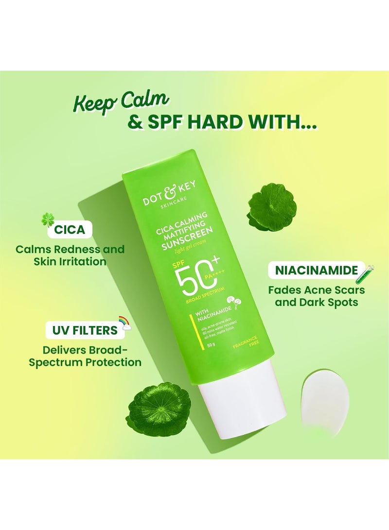 Dot & Key CICA Calming Mattifying Sunscreen SPF 50 PA++++ Pack of 2 80g | Oily Acne Prone & Sensitive Skin | UVA/UVB Protection | No White Cast, Ultra Light, Fragrance Free & Quick Absorbing | 160g - Image 3